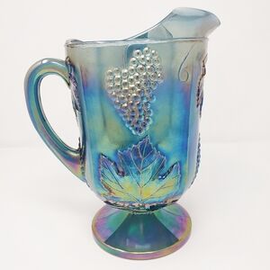 Vintage Indiana Carnival Glass Pitcher Jug Blue Harvest Grape Vine